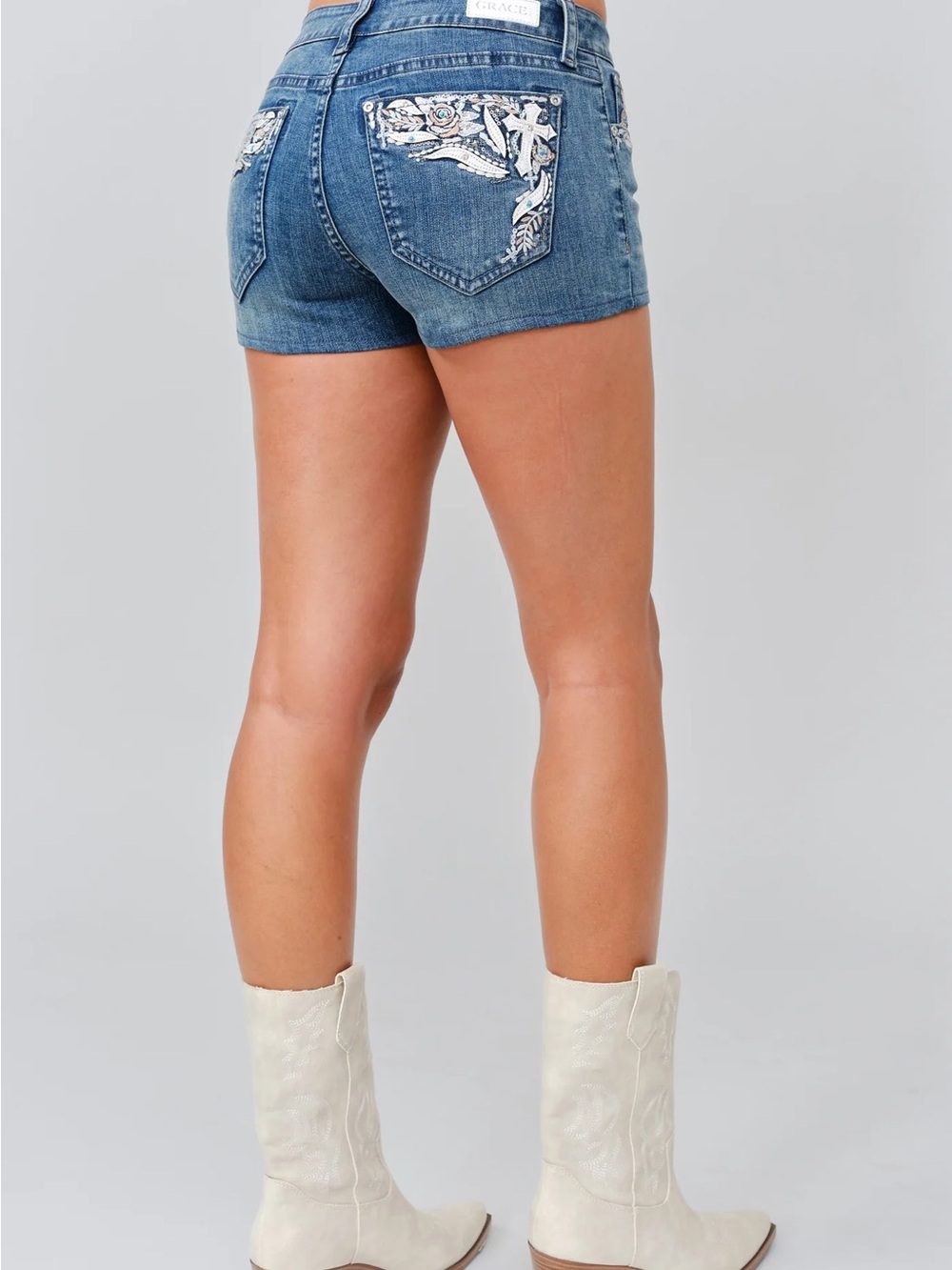 GRACE Dark Blue Denim Shorts with White & Light Blue Embroidery - Picture 2 of 4
